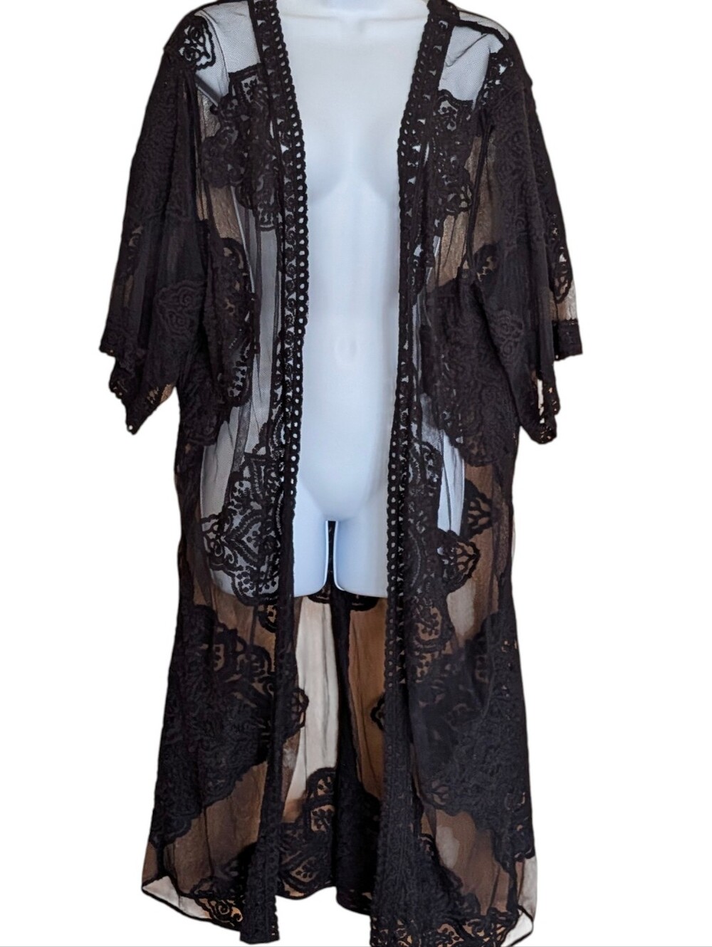 Sheer Black Lace Kimono Duster XL Bohemian Festival Hippie Whimsigoth
